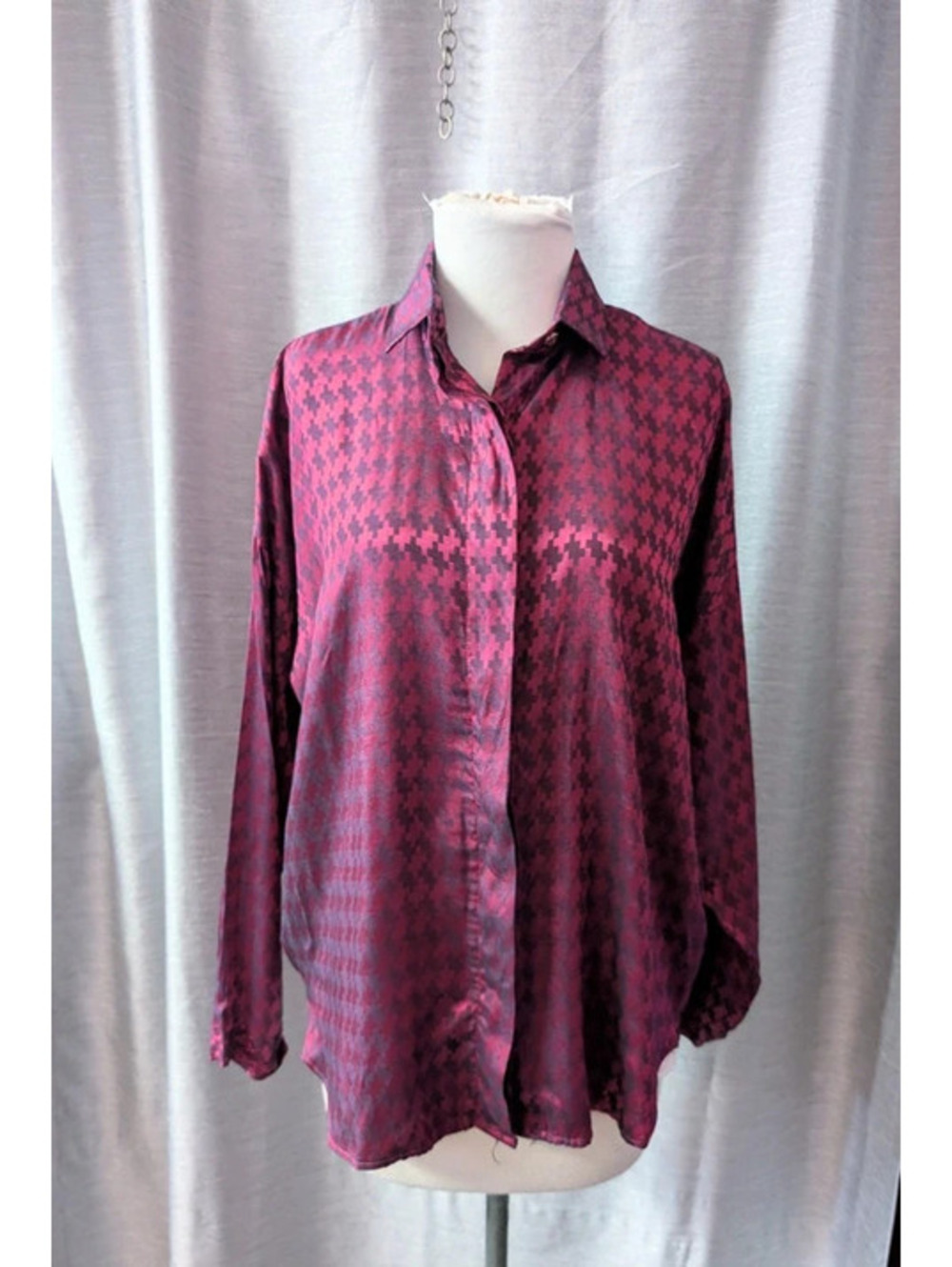 Vintage 80s Magenta Satin Geometric Blouse XL